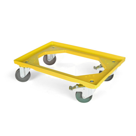 Yellow rolling base for 60x40cm containers, 4 swivel wheels, 2 brakes.