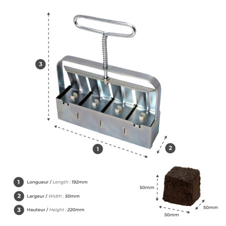 One-hand soil block press for 4 blocks of 50 mm.