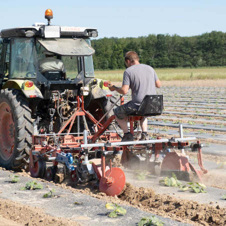 Brush hoeing machine for plastic mulch