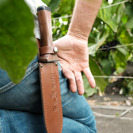 Pflanzschaufel Hori Hori mit Holzgriff und Lederhülle