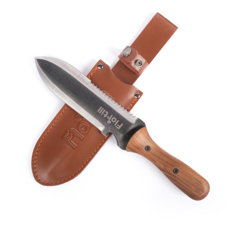 Hori Hori knife with wooden handle and leather sheath