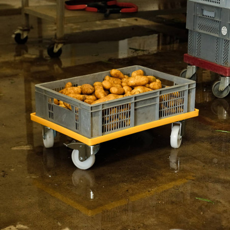 Yellow rolling base for 60x40cm crates, 4 swivel wheels, 2 brakes.