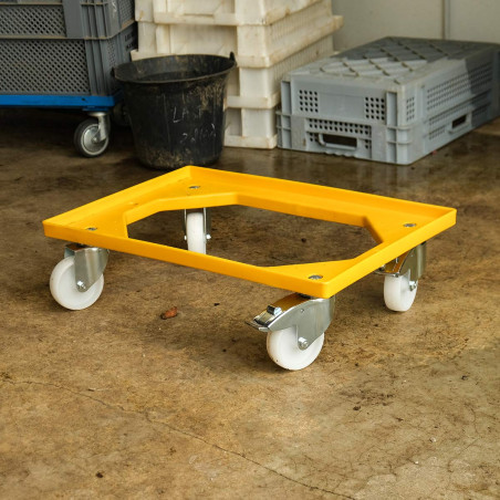 Yellow rolling base for 60x40cm crates, 4 swivel wheels, 2 brakes.